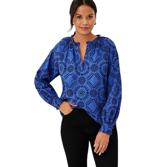 Ann Taylor Eyelet Top Blouse Size Medium Floral Blue Popover Long Sleeve Preppy - Picture 2 of 15